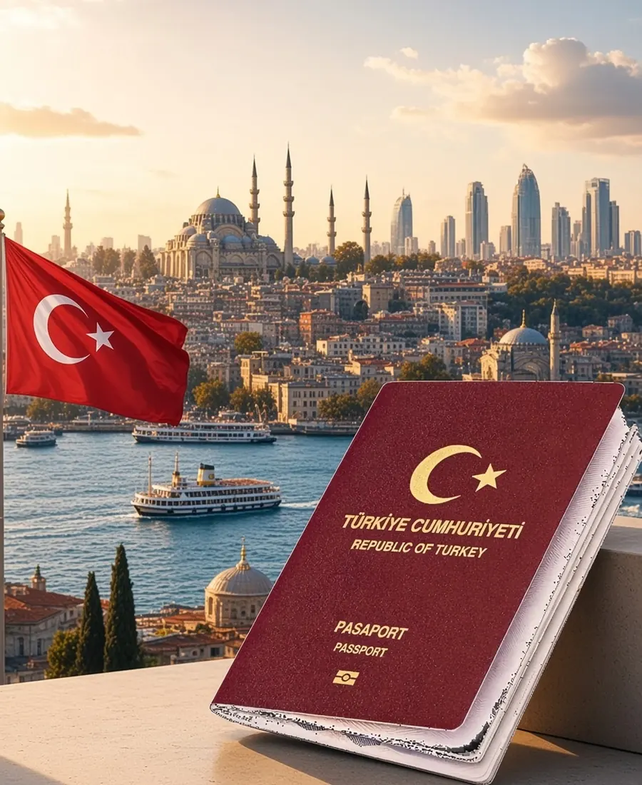Turkish passport with Istanbul Bosphorus skyline and Turkish flag
