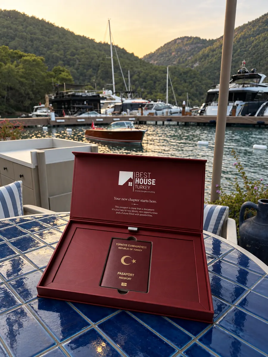 Turkish passport presented in a Best House Turkey case at a marina at golden hour