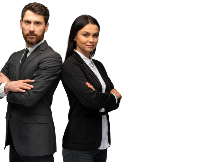 young man woman standing backtoback with crossed hands against grey background concept partnership business Photoroom