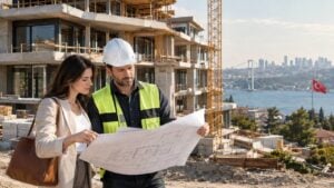 Prospective buyer reviewing plans near a residential building under construction in Turkey