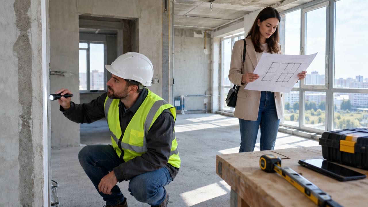 Independent inspector checking an unfinished apartment while a buyer reviews plans