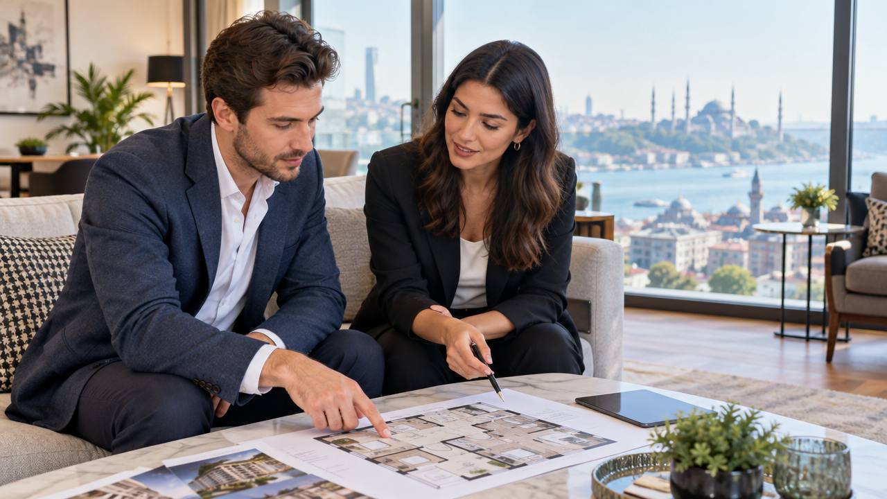 Buyer and property professional reviewing an apartment purchase in Turkey