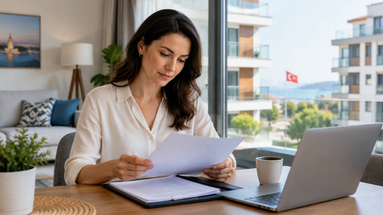 Homeowner reviewing property insurance in a Turkish apartment