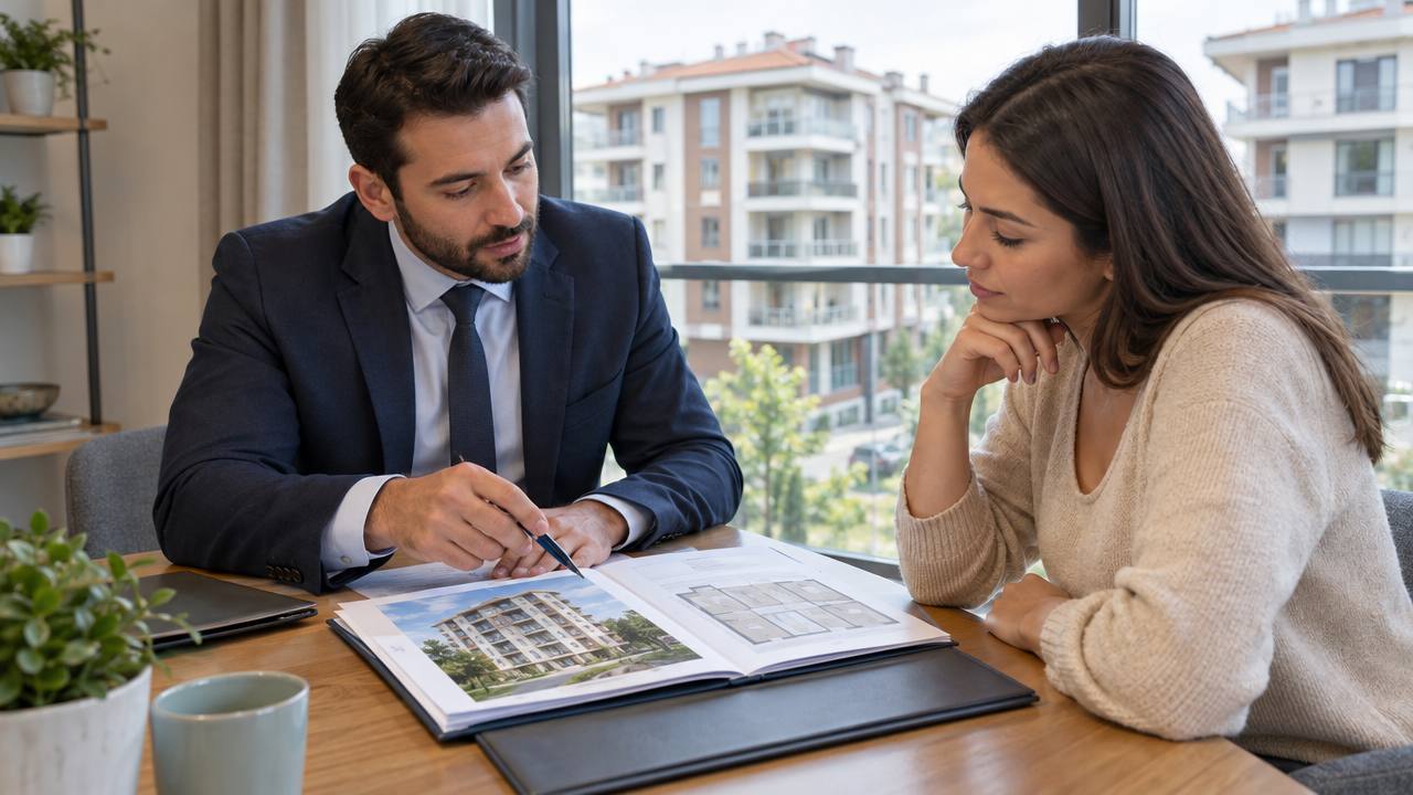 Homeowner and adviser reviewing insurance details for an apartment