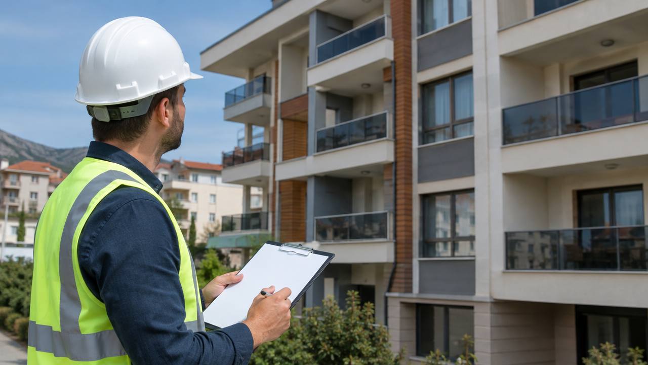 Engineer examining a residential building exterior in Turkey