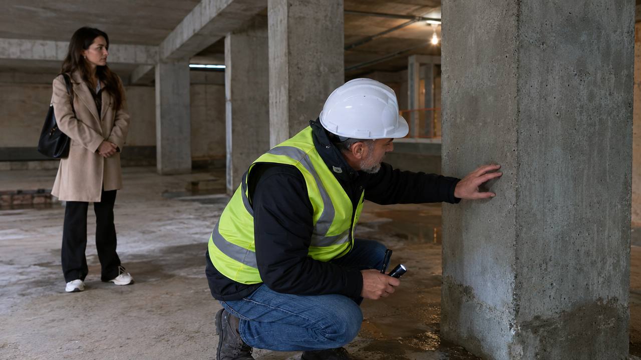 Earthquake Due Diligence When Buying Property in Turkey 1 Independent engineer examining concrete columns with a prospective buyer