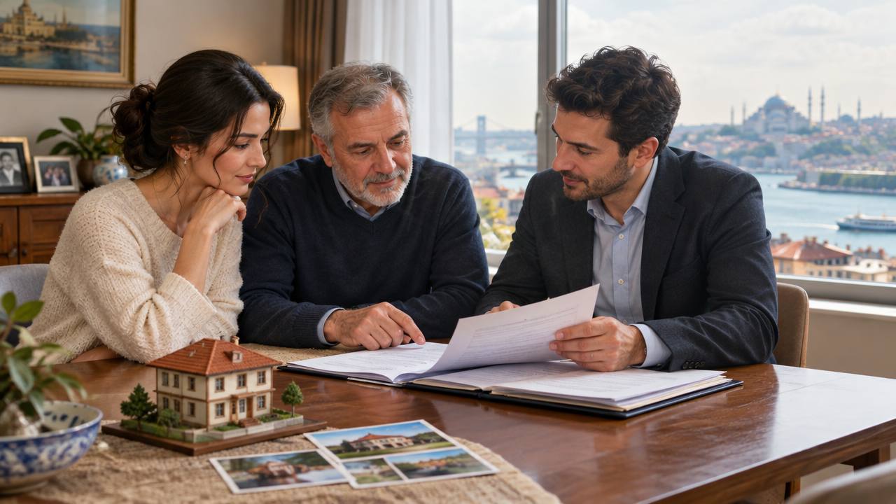 Family reviewing property documents beside a home in Türkiye