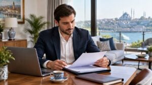 Foreign property owner reviewing rental records in a Turkish home