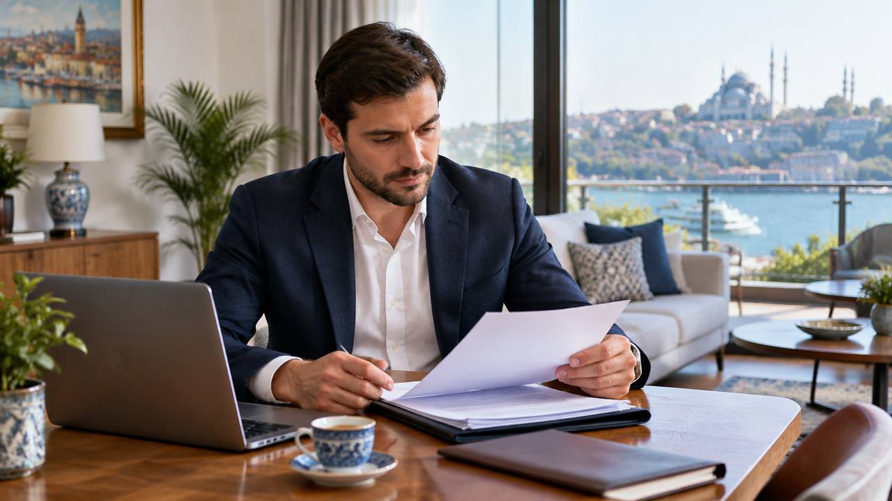 Foreign property owner reviewing rental records in a Turkish home