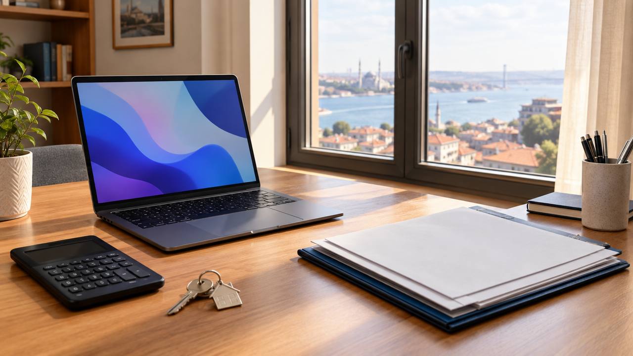 Organized rental paperwork and property records on a desk