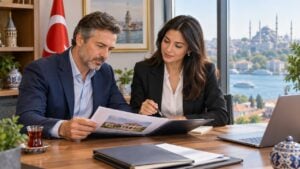 Foreign property owner reviewing a Turkish home sale file with a tax adviser