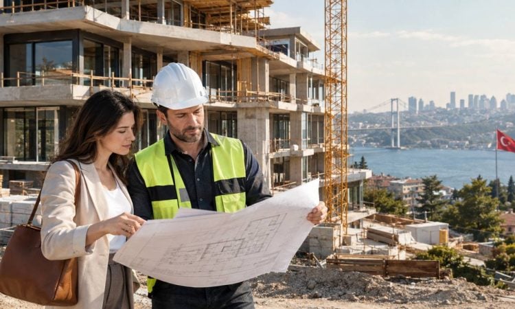Prospective buyer reviewing plans near a residential building under construction in Turkey