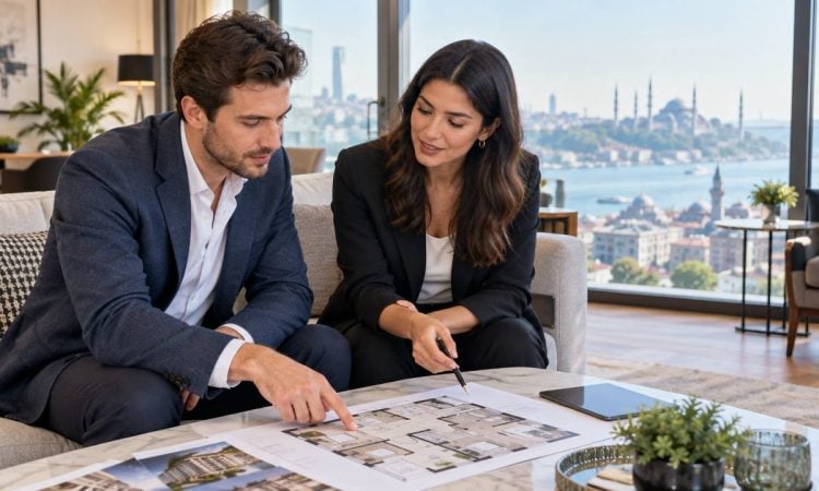 Buyer and property professional reviewing an apartment purchase in Turkey