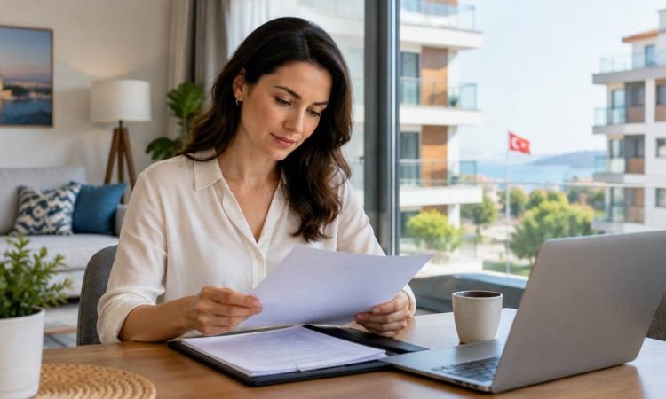 Homeowner reviewing property insurance in a Turkish apartment