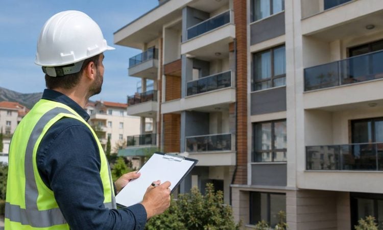 Engineer examining a residential building exterior in Turkey