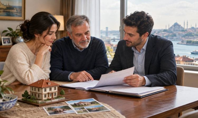 Family reviewing property documents beside a home in Türkiye