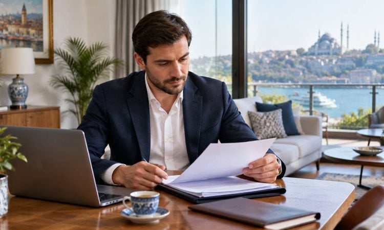 Foreign property owner reviewing rental records in a Turkish home
