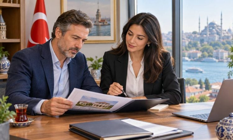 Foreign property owner reviewing a Turkish home sale file with a tax adviser